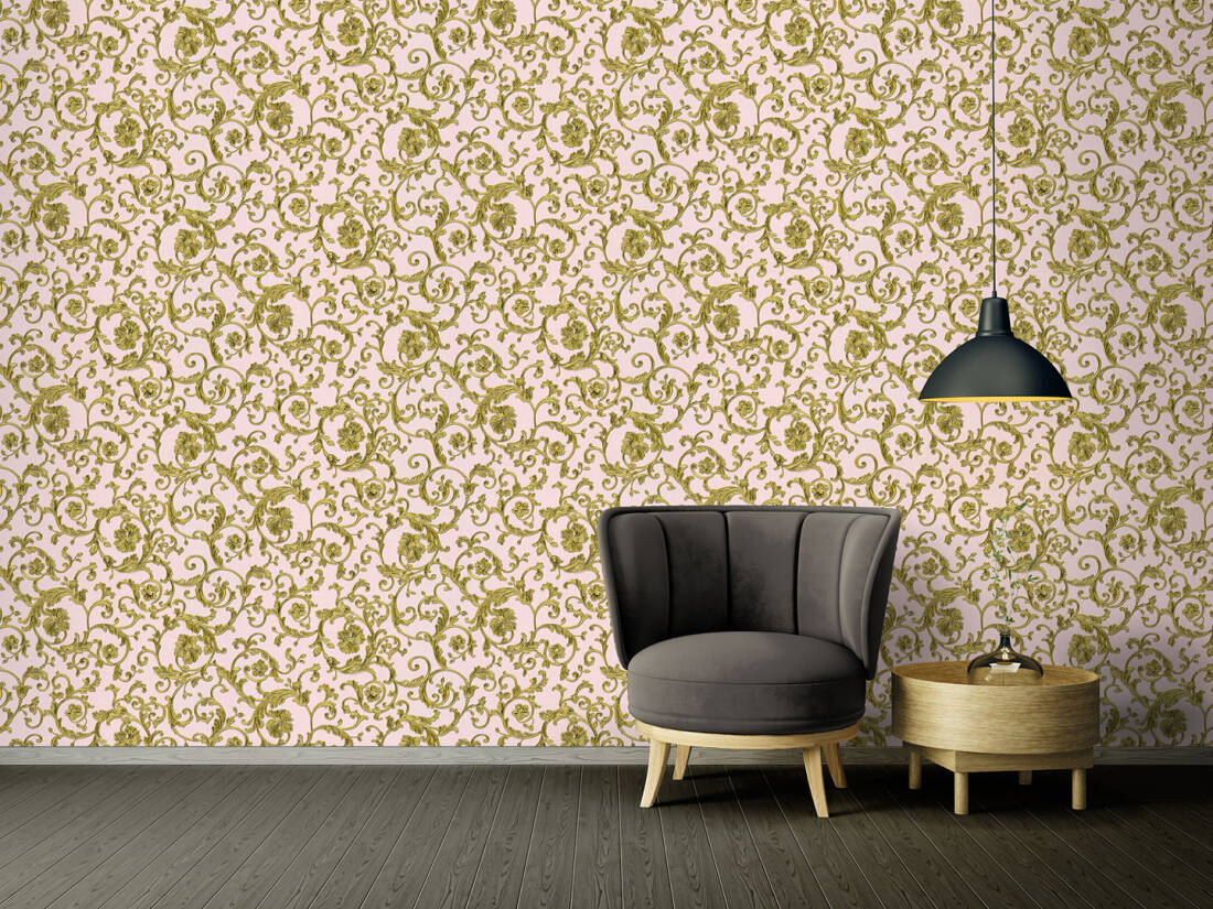 Damask Scrollwork Floral Textured Wallpaper in Pink/Gold