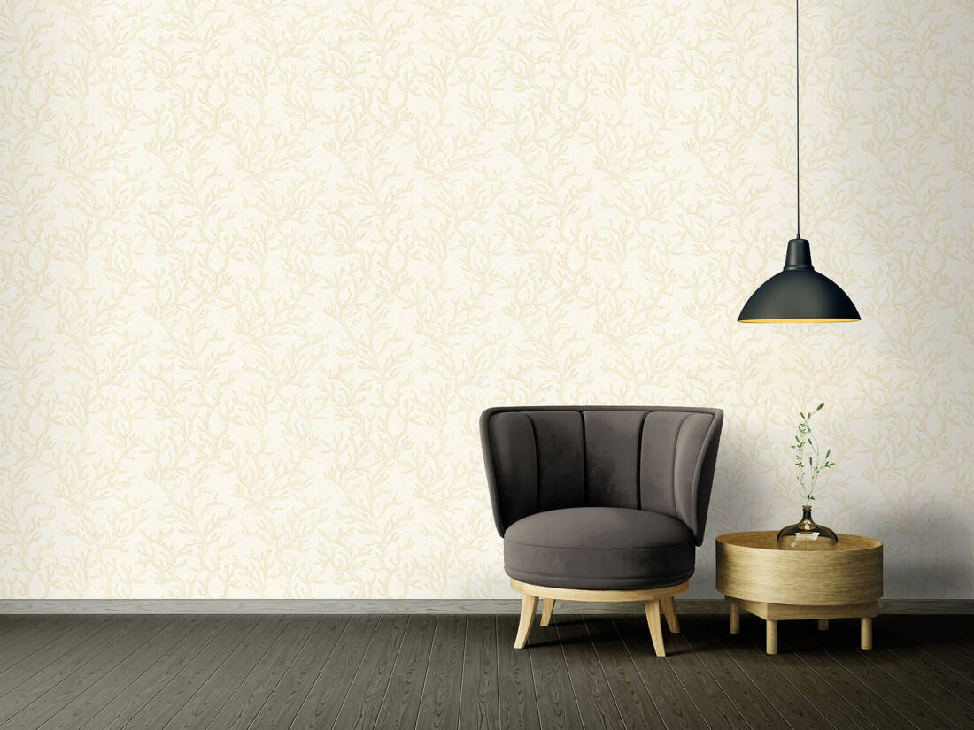 Floral Corals Textured Wallpaper in Cream/Metallic