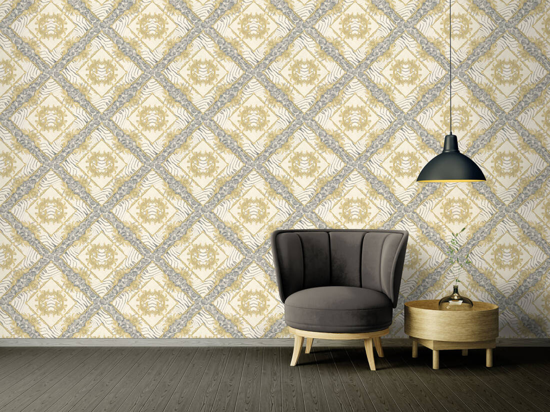 Floral Rhombuses Textured Wallpaper in Cream/Grey/Metallic