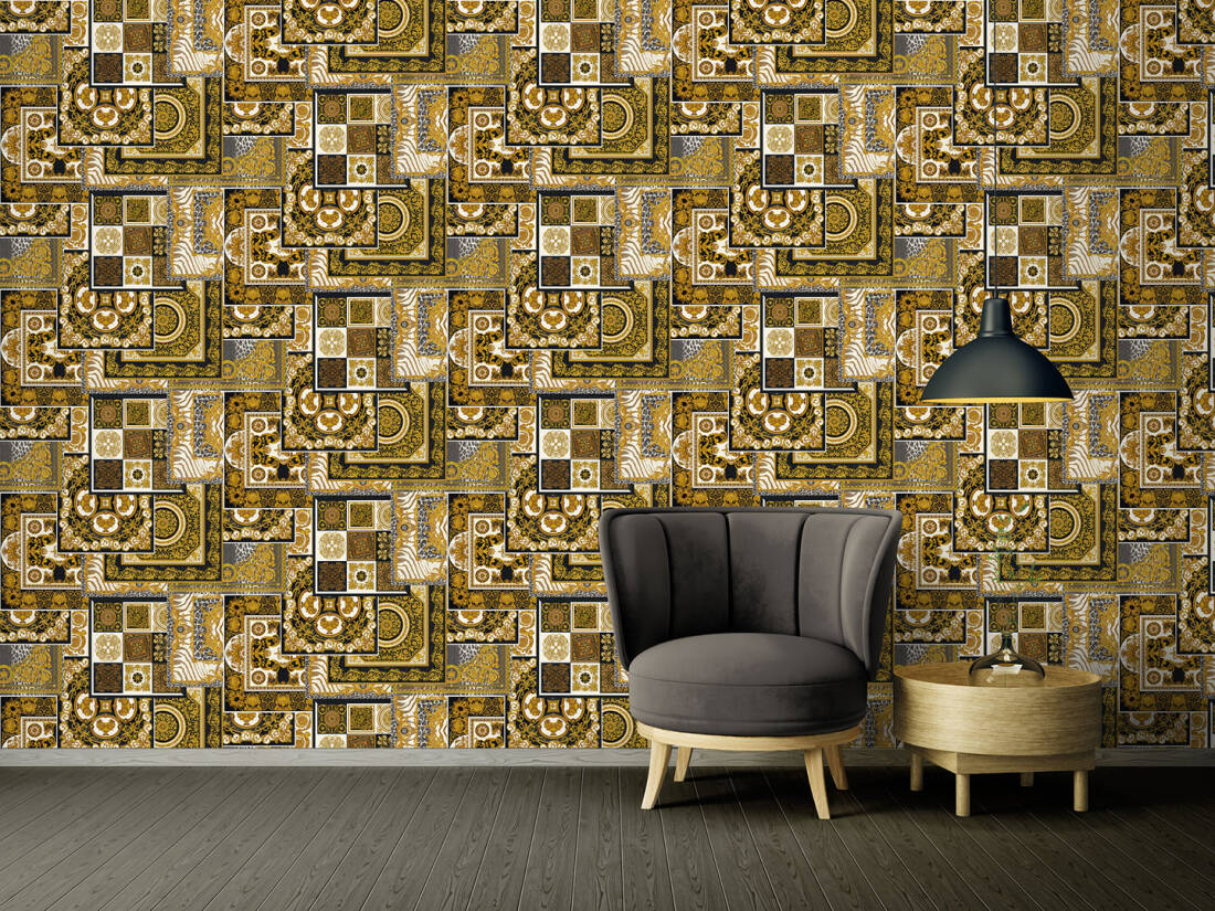 Classical Deco Textured Damask Wallpaper in Black/Gold from the Versace IV Collection