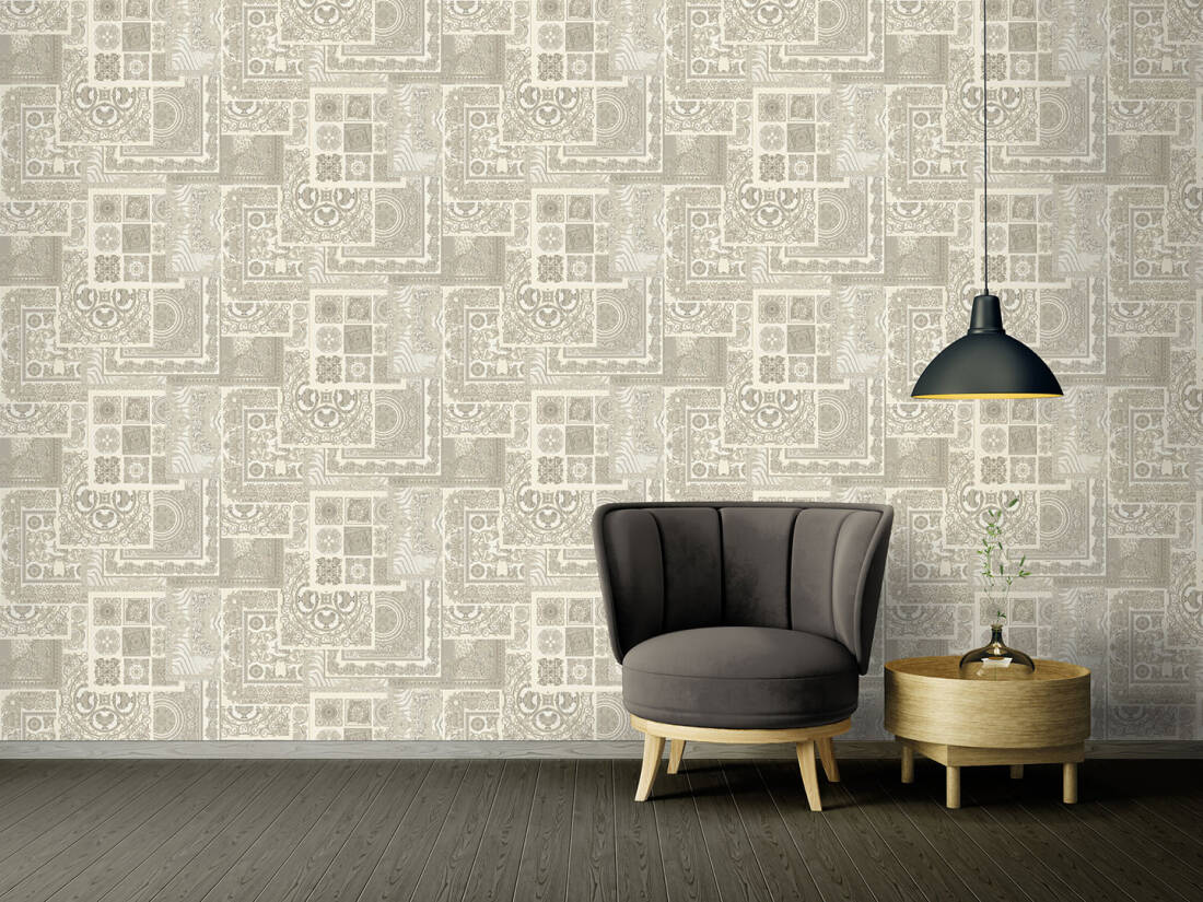 Classical Deco Textured Damask Wallpaper in Grey/Metallic from the Versace IV Collection