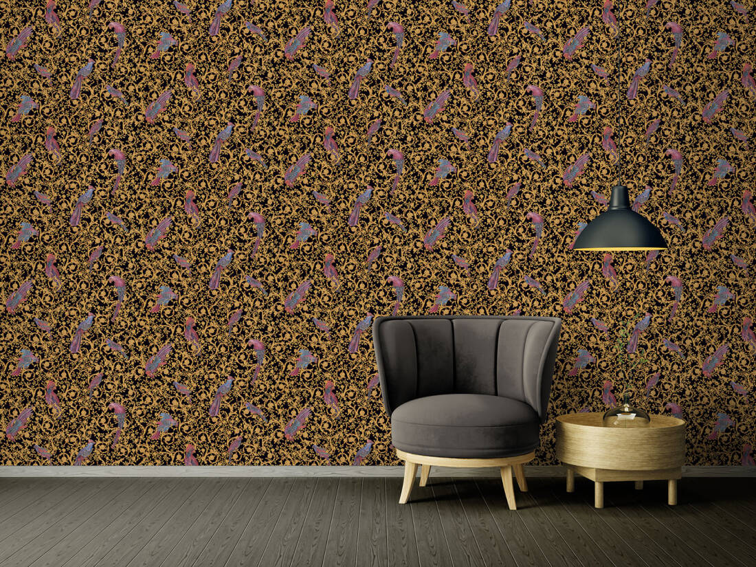 Floral Bird Scrollwork Textured Wallpaper in Black/Gold from the Versace IV Collection