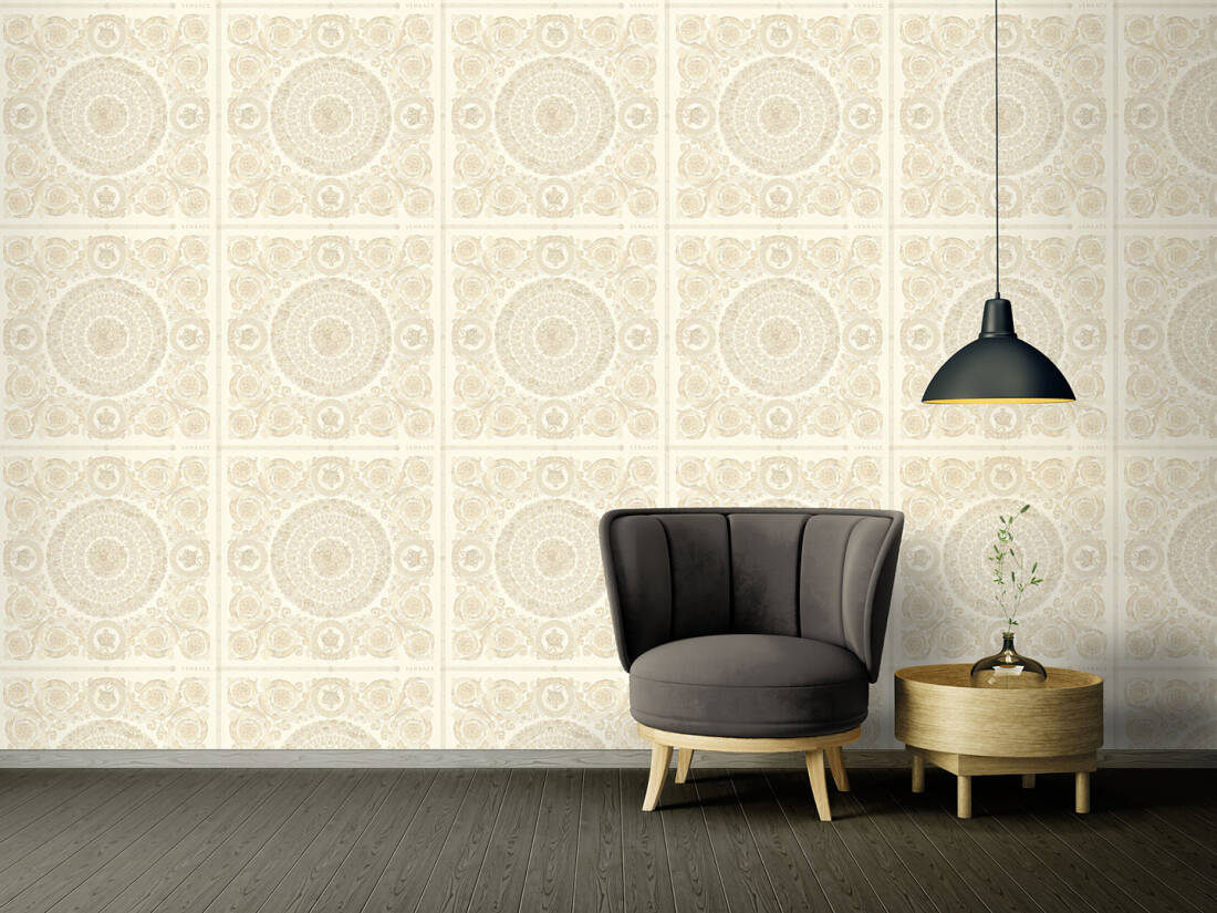 Classical Tile Baroque Textured Wallpaper in Cream/Ivory from the Versace IV Collection