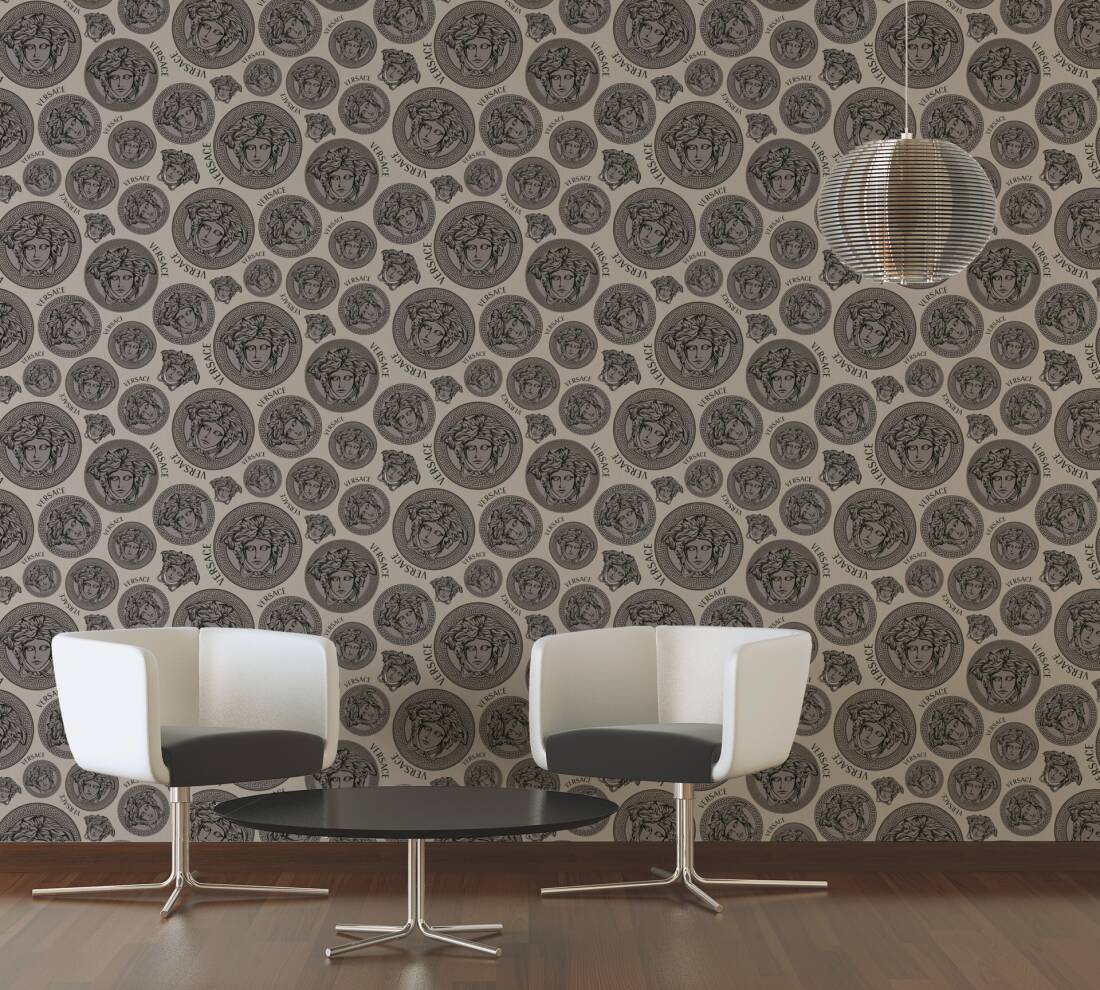 Medusa Head Textured Wallpaper in Cream/Black from the Versace V Collection