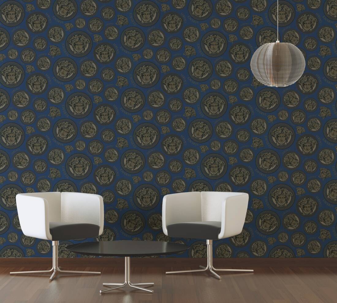 Medusa Head Textured Wallpaper in Blue/Gold from the Versace V Collection