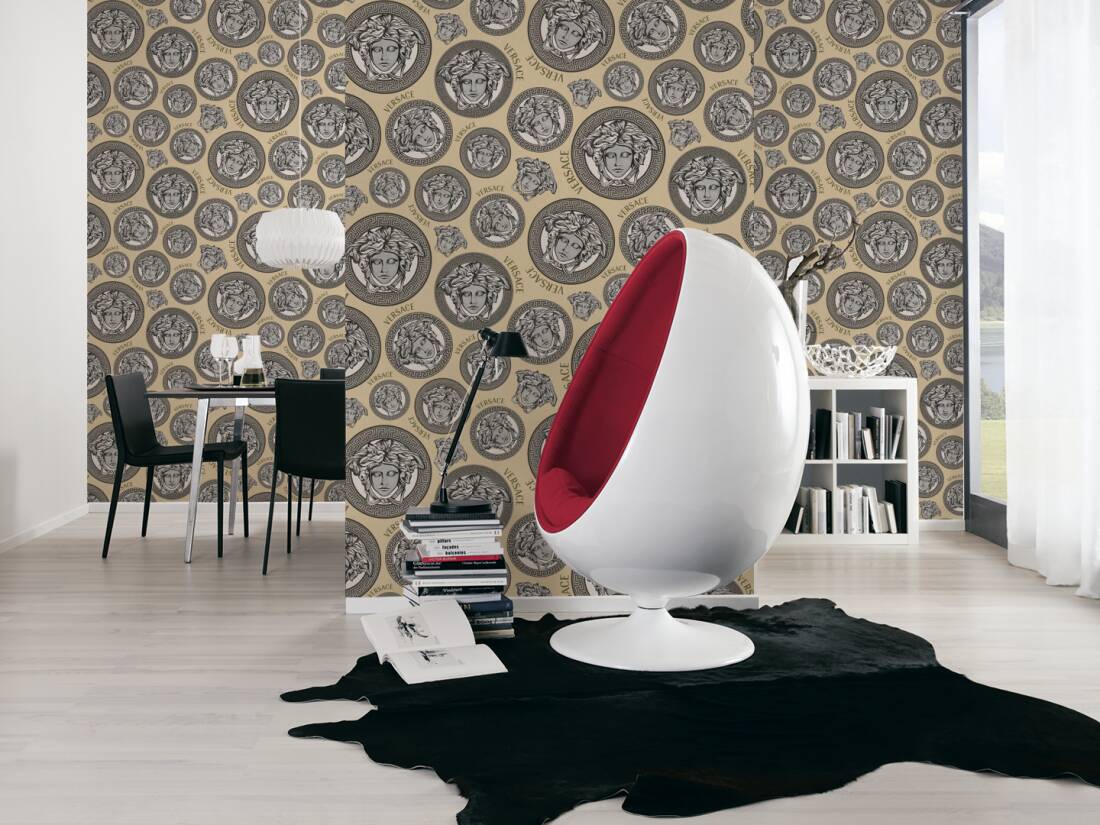 Medusa Head Textured Wallpaper in Black/Cream from the Versace V Collection
