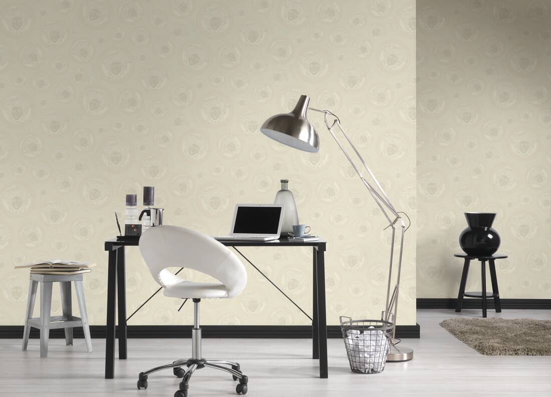 Medusa Head Textured Wallpaper in Cream/White from the Versace V Collection
