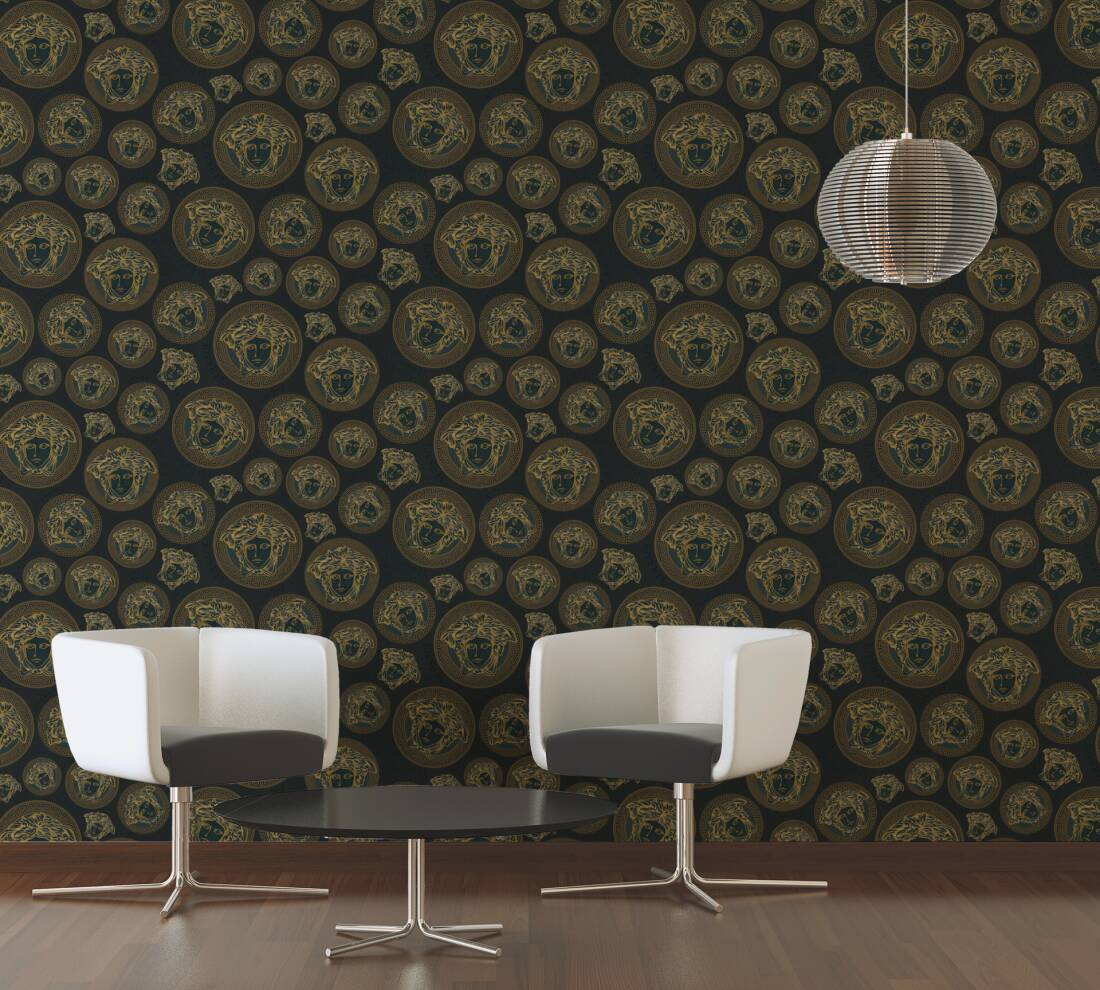 Medusa Head Textured Wallpaper in Black/Gold from the Versace V Collection