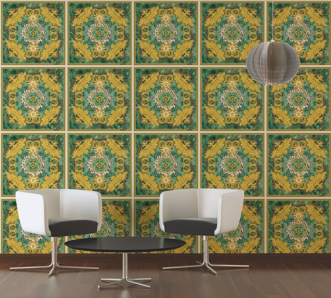 Baroque Ornaments Textured Wallpaper in Cream/Multi from the Versace V Collection