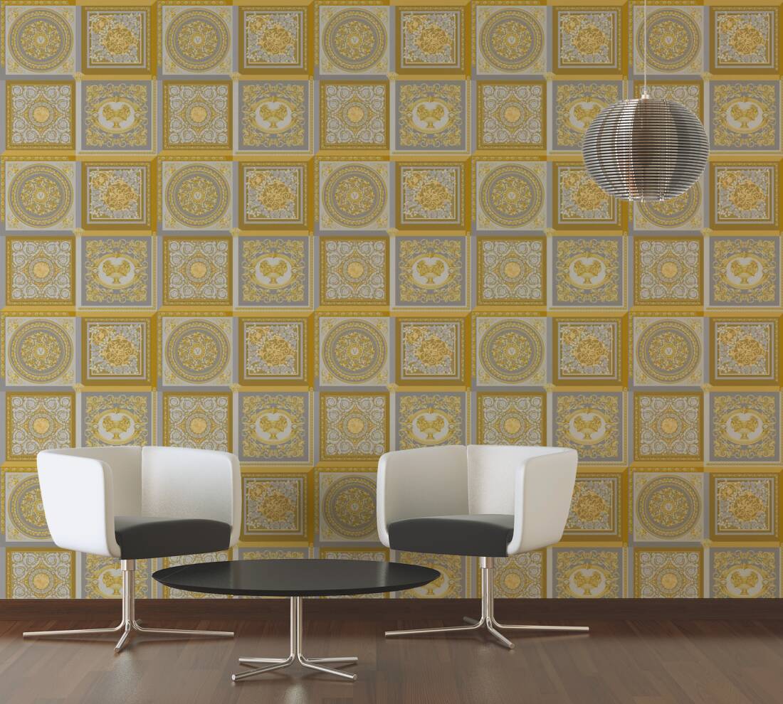 Baroque Squares Textured Wallpaper in Cream/Gold from the Versace V Collection