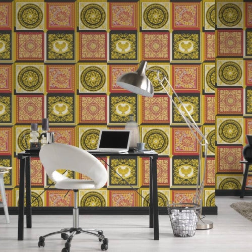 Baroque Squares Textured Wallpaper in Red/Gold by Versace Home