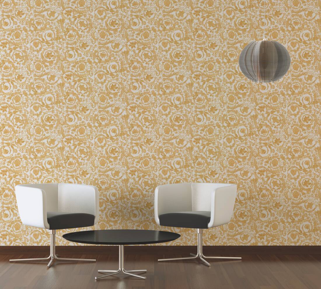 Baroque Damask Textured Wallpaper in Cream/Orange from the Versace V Collection