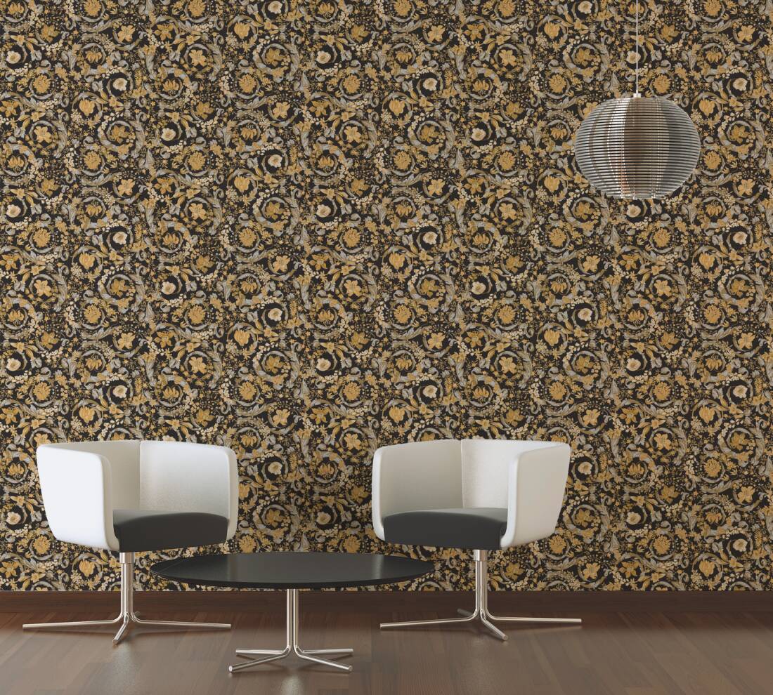 Baroque Damask Textured Wallpaper in Black/Gold from the Versace V Collection