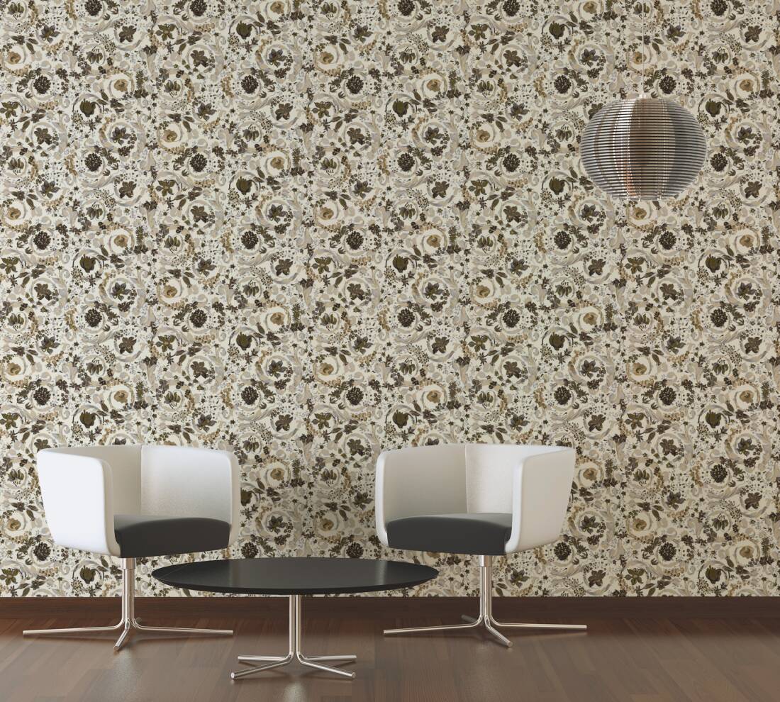 Baroque Damask Textured Wallpaper in Cream/Black from the Versace V Collection