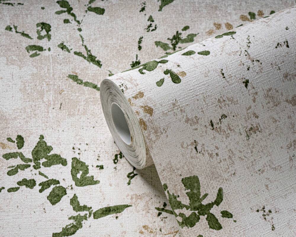 Floral Watercolor Faux-Fabric Wallpaper in Beige/Green/Gold