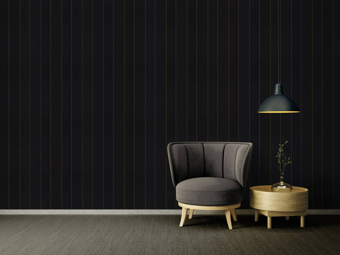 Geometric Stripes Textured Wallpaper in Black/Gold from the Versace V Collection