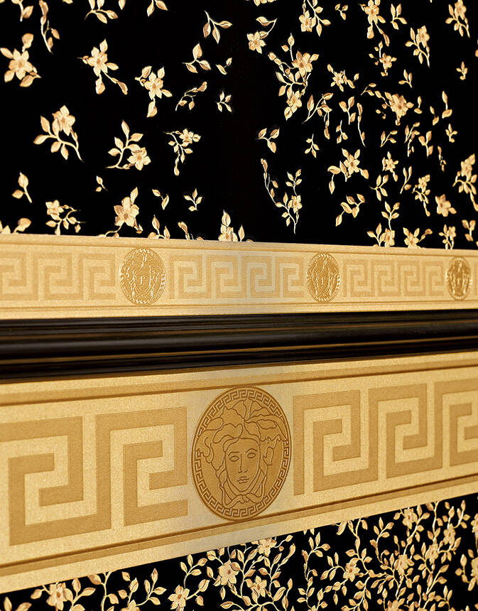 Floral Petite Textured Wallpaper in Black/Gold from the Versace IV Collection