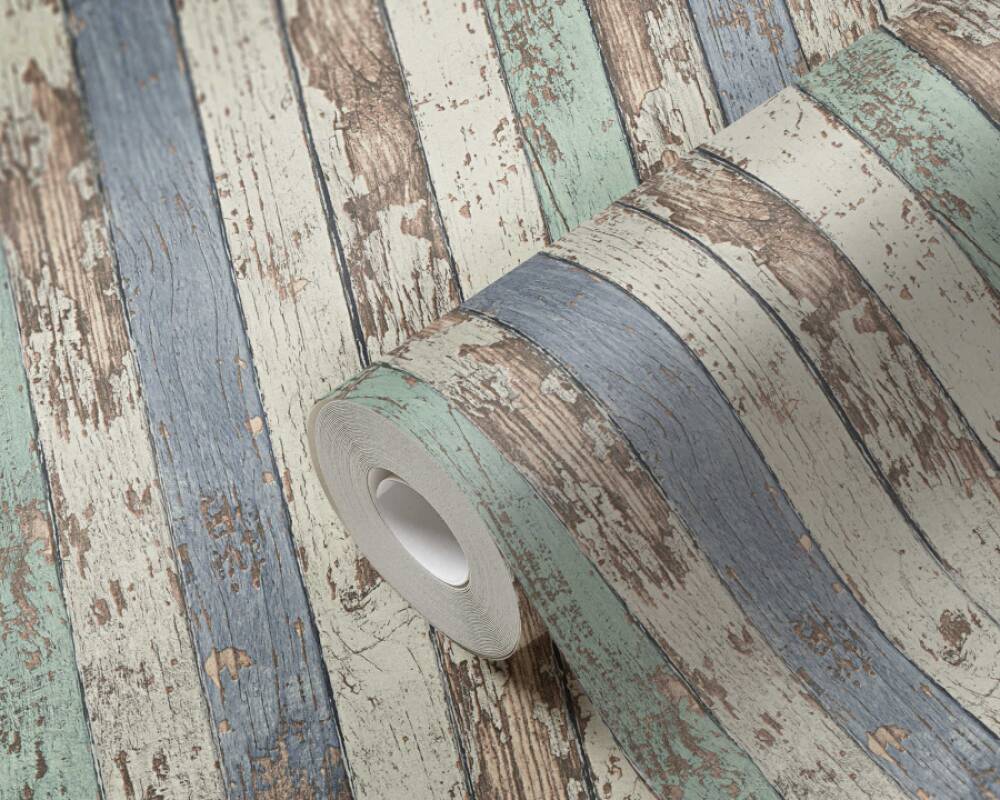 Cottage Wood Wallpaper in Blue/Brown/White