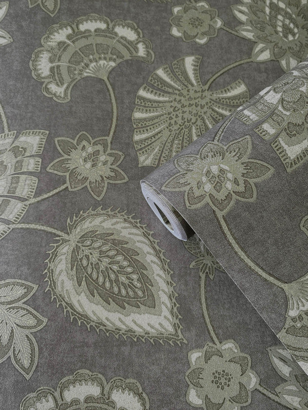 Flower Fan Wallpaper in Deep Silver/Grey