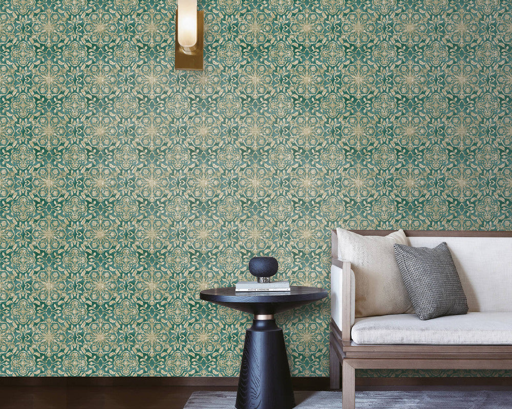 Floral Stripe Wallpaper in Green/Beige
