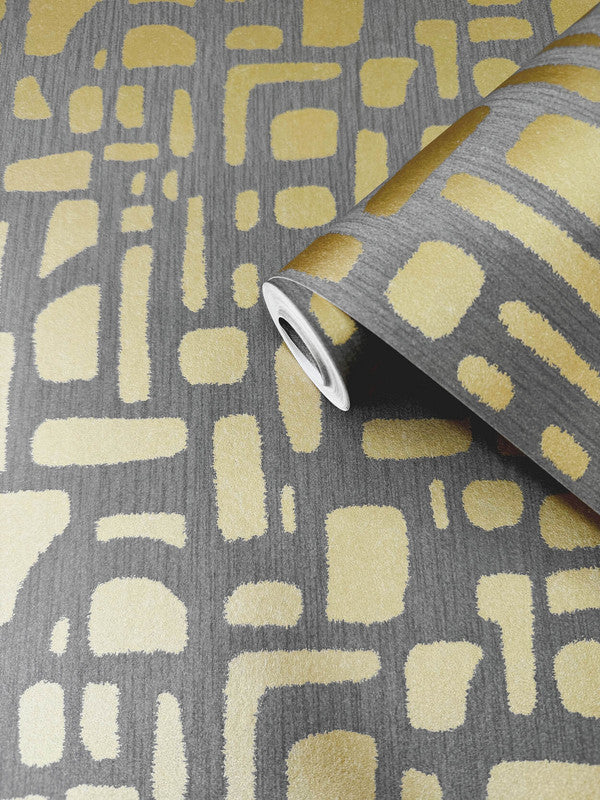 Chunky Geo Wallpaper in Gold/Silver Grey