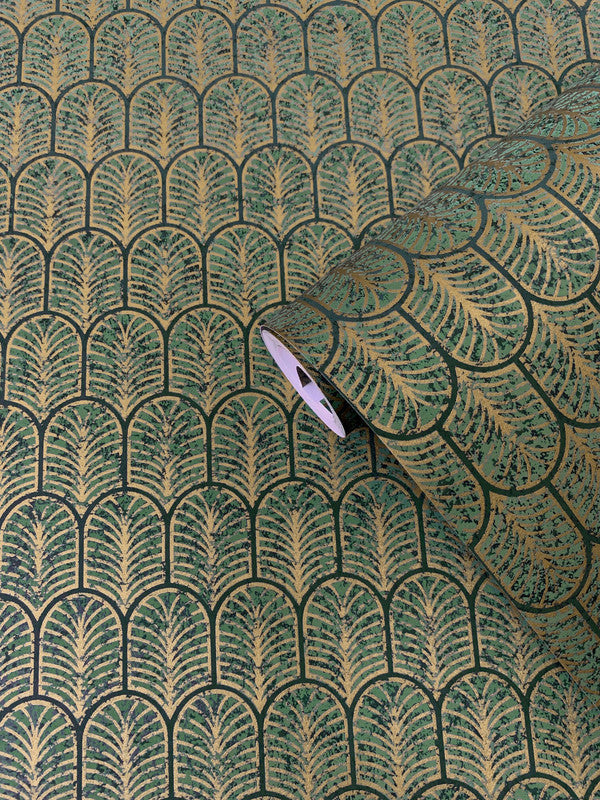 Geo Arch Art Deco Wallpaper in Green/Gold