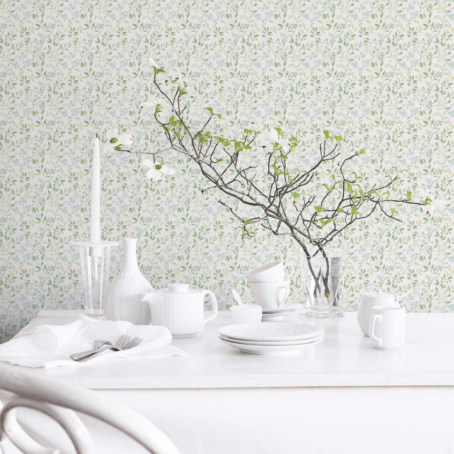 Spring Leaf Trail Green/Blue Wallpaper from the Just Kitchens Collection by Galerie Wallcoverings