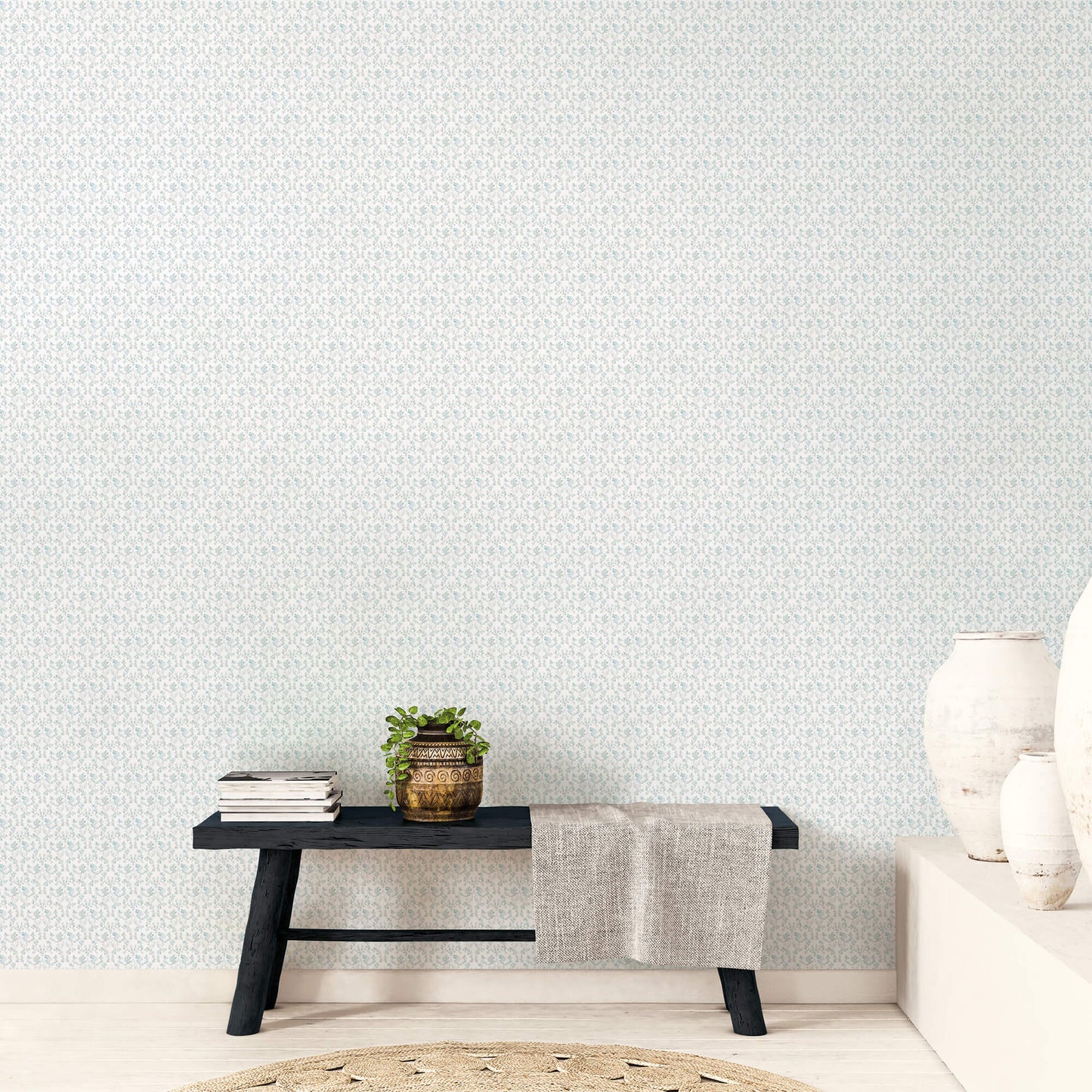 Ogee Floral Teal/Beige Wallpaper from the Small Prints Collection by Galerie Wallcoverings