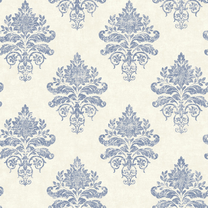 Sample Medallion Damask Wallpaper in Blue/White