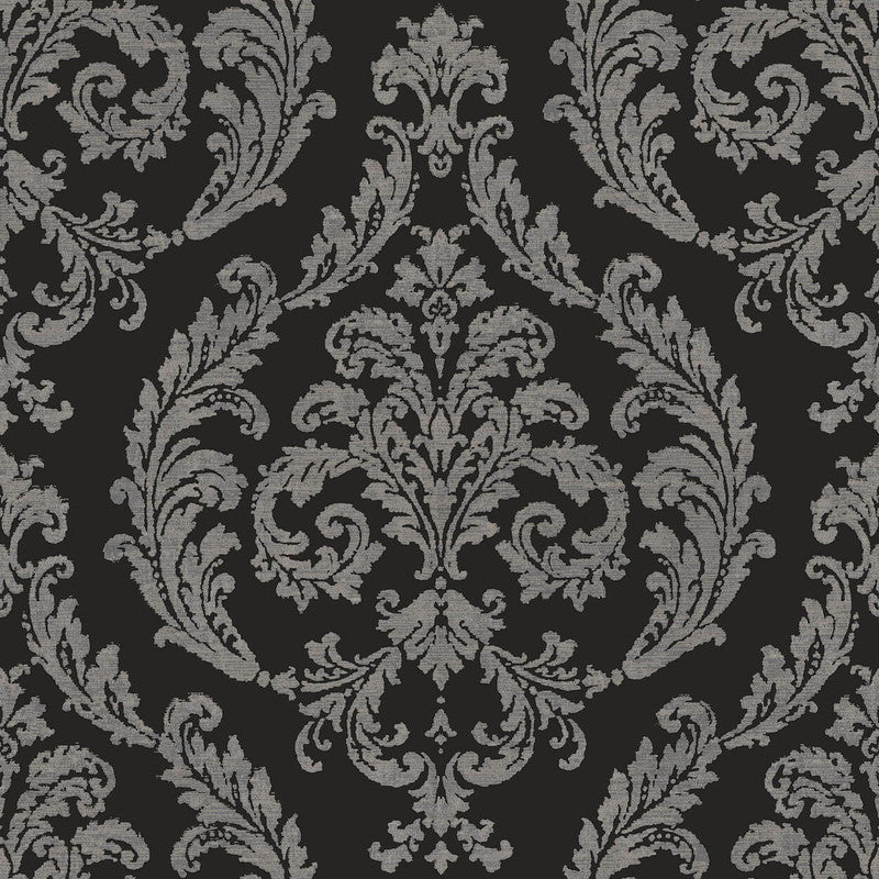 Sample Silk Damask Wallpaper in Black/Silver Grey