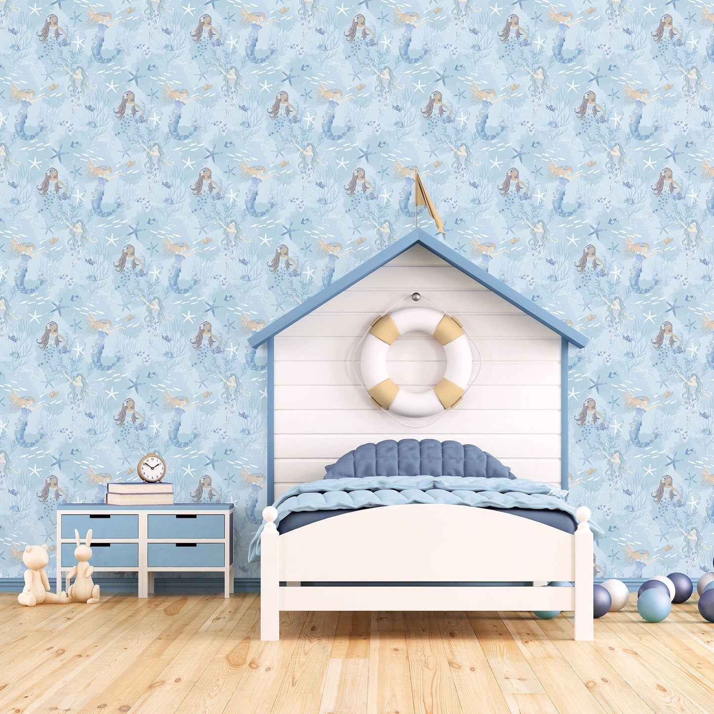 Mermaids Blue/Glitter Wallpaper from the Tiny Tots 2 Collection by Galerie Wallcoverings