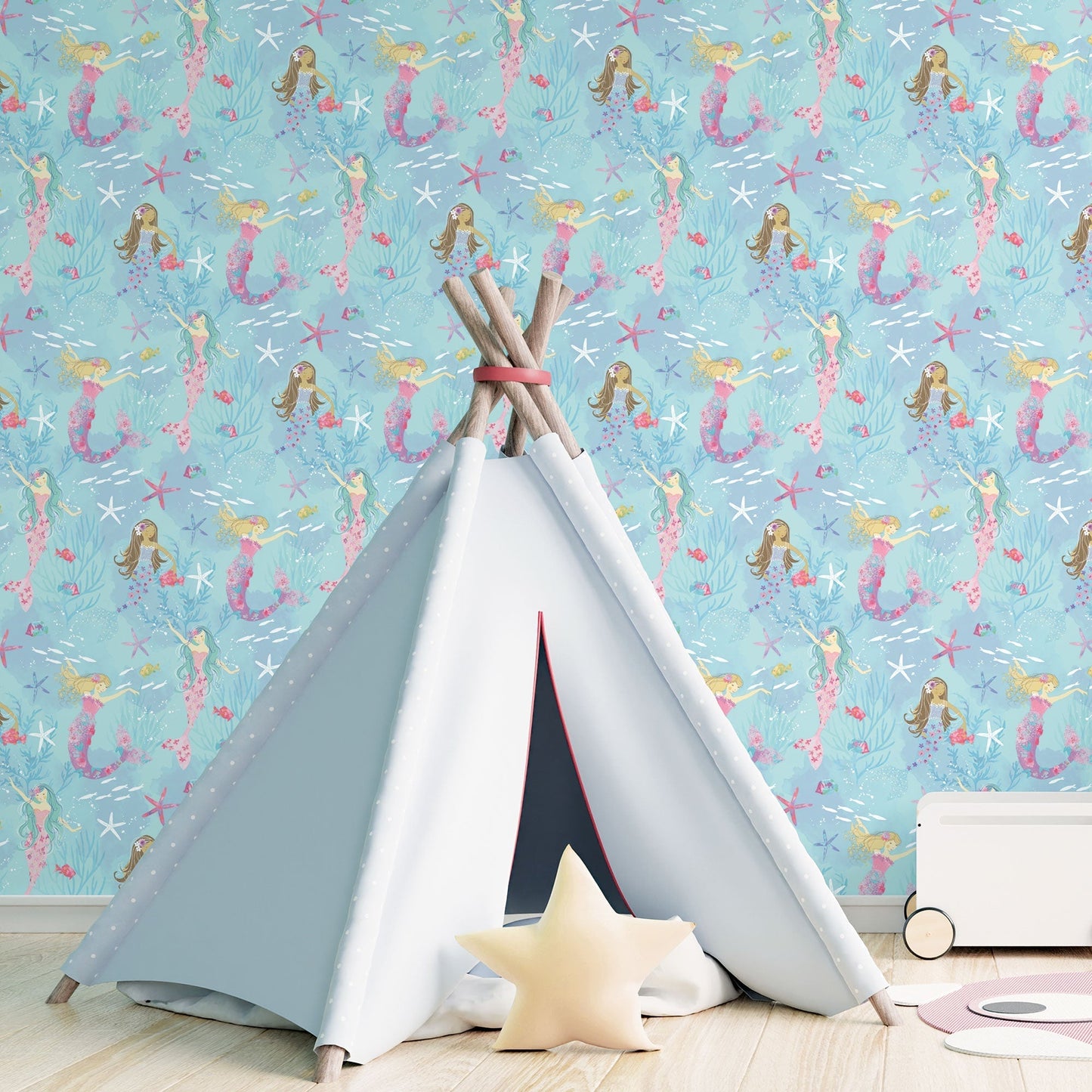 Mermaids Turquoise/Glitter Wallpaper from the Tiny Tots 2 Collection by Galerie Wallcoverings