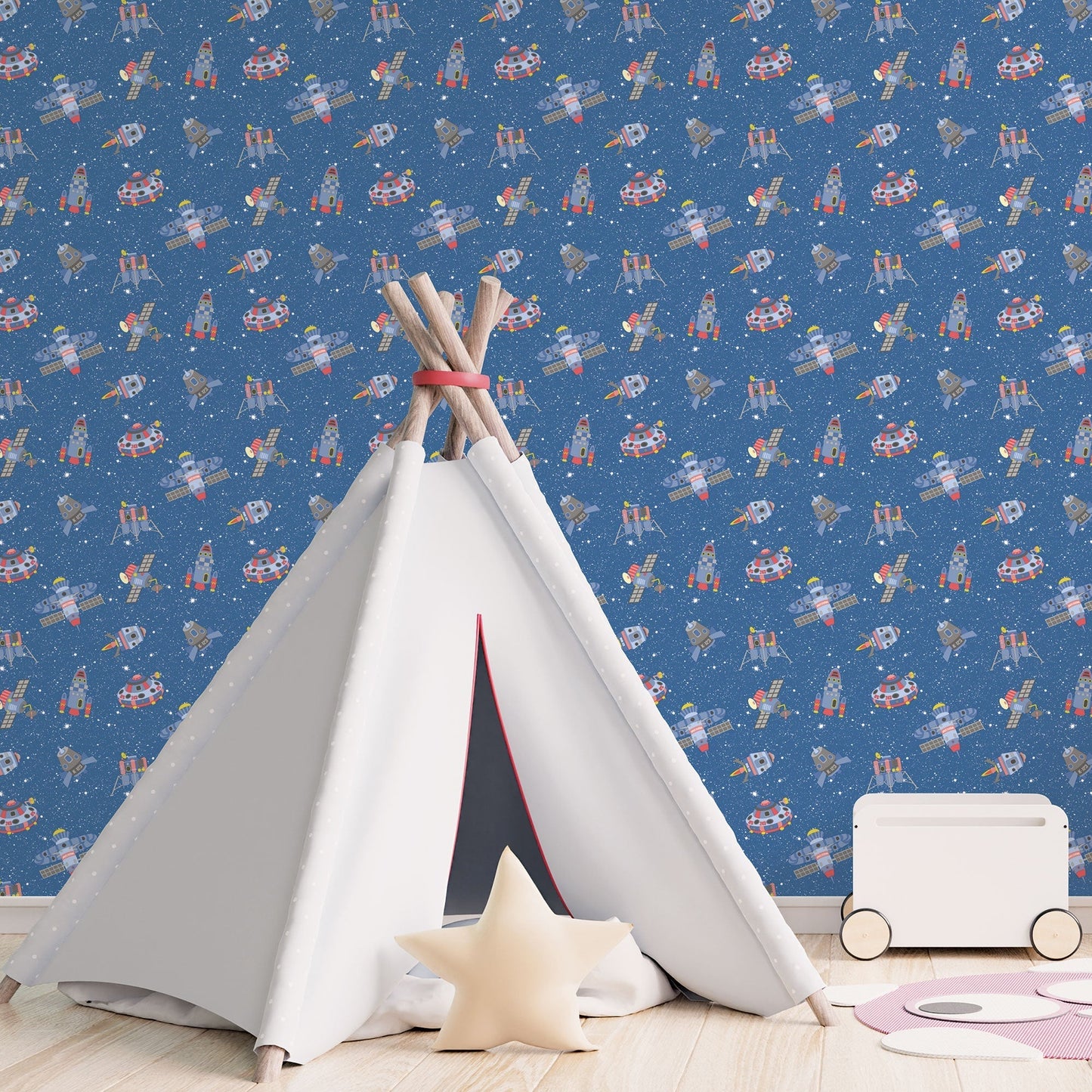 Spaceships Cobalt/Glitter Wallpaper from the Tiny Tots 2 Collection by Galerie Wallcoverings