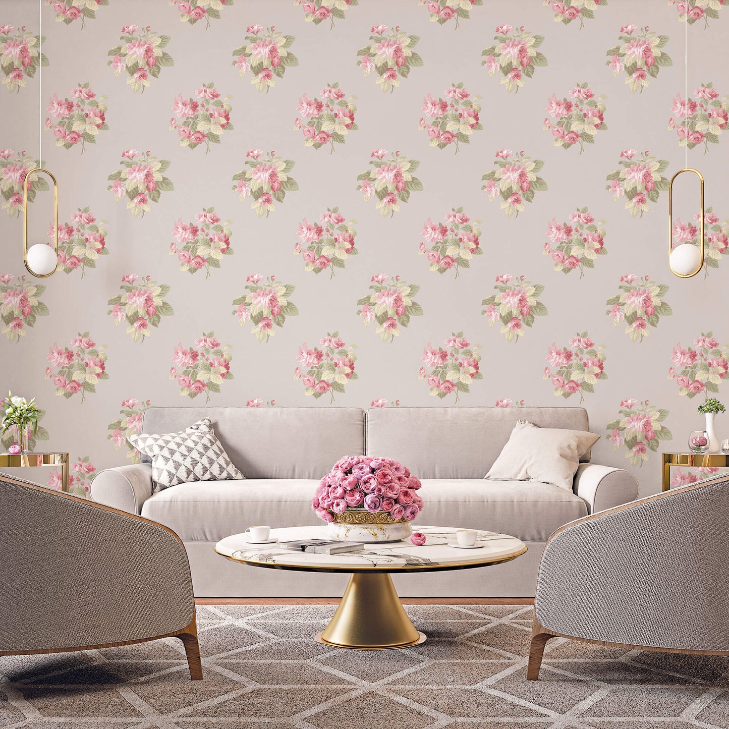 Classic Bouquet Taupe/Raspberry Wallpaper from the Secret Garden Collection by Galerie Wallcoverings