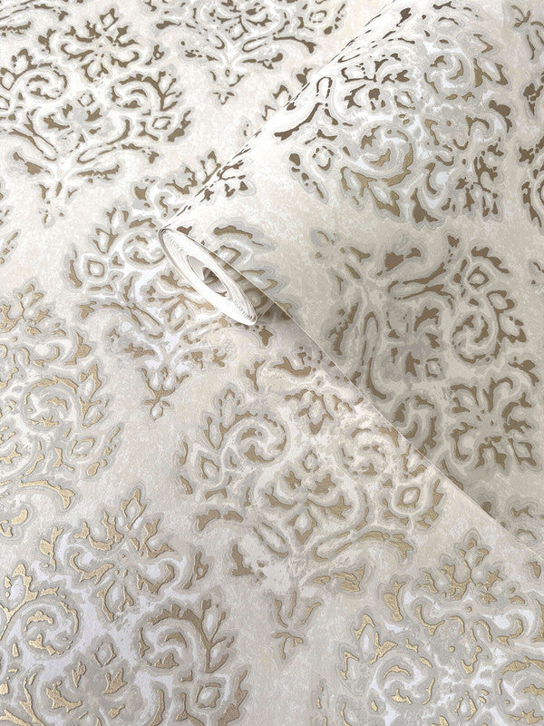 Modern Damask Mottled Wallpaper in Gold/Neutral