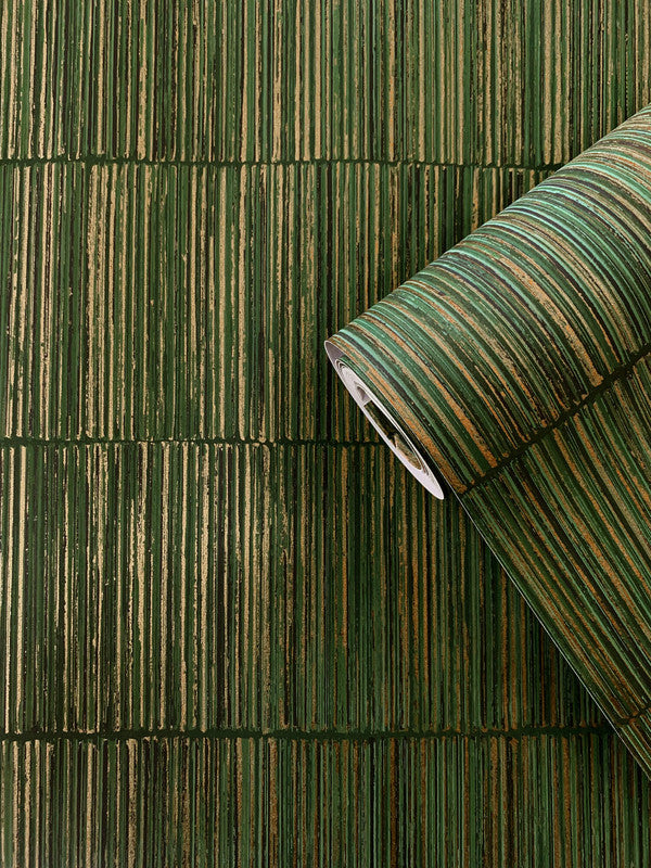 Bamboo Stripe Wallpaper in Dark Green/Gold