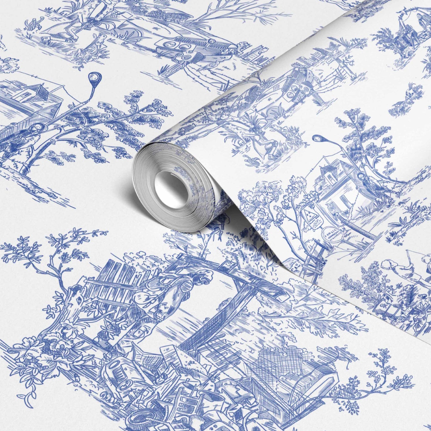 Apocalypse Toile Wallpaper in White/Cobalt