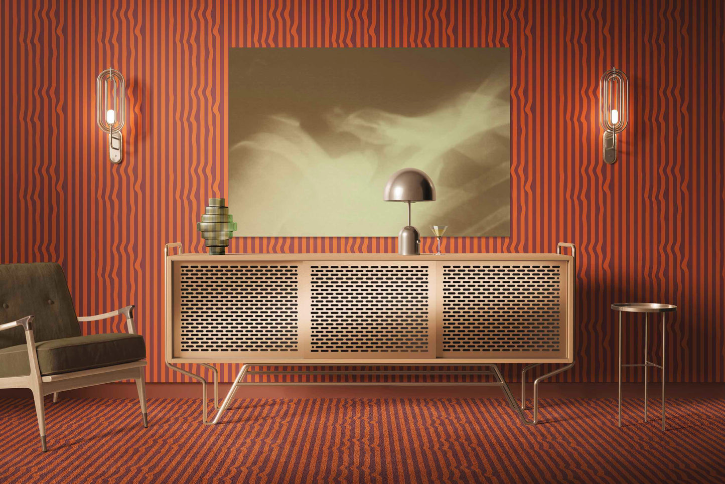 Warped Vertical Stripe Wallpaper in Orange/Maroon