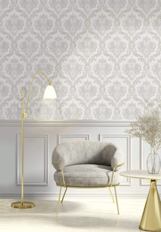 Italian Style Damask Wallpaper in Silver Grey/Cream