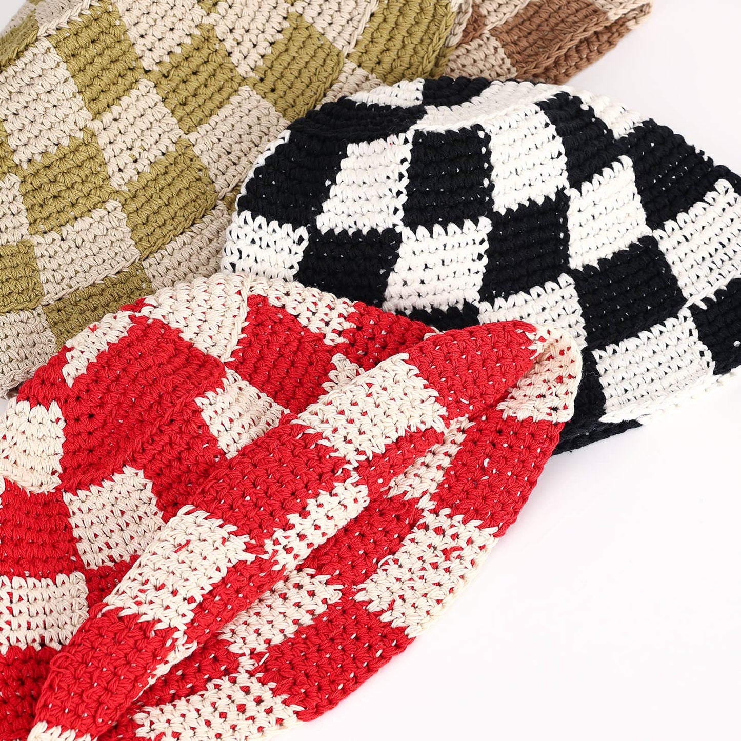 Hand Knit Checkered Crochet Bucket Hat in red, black and green