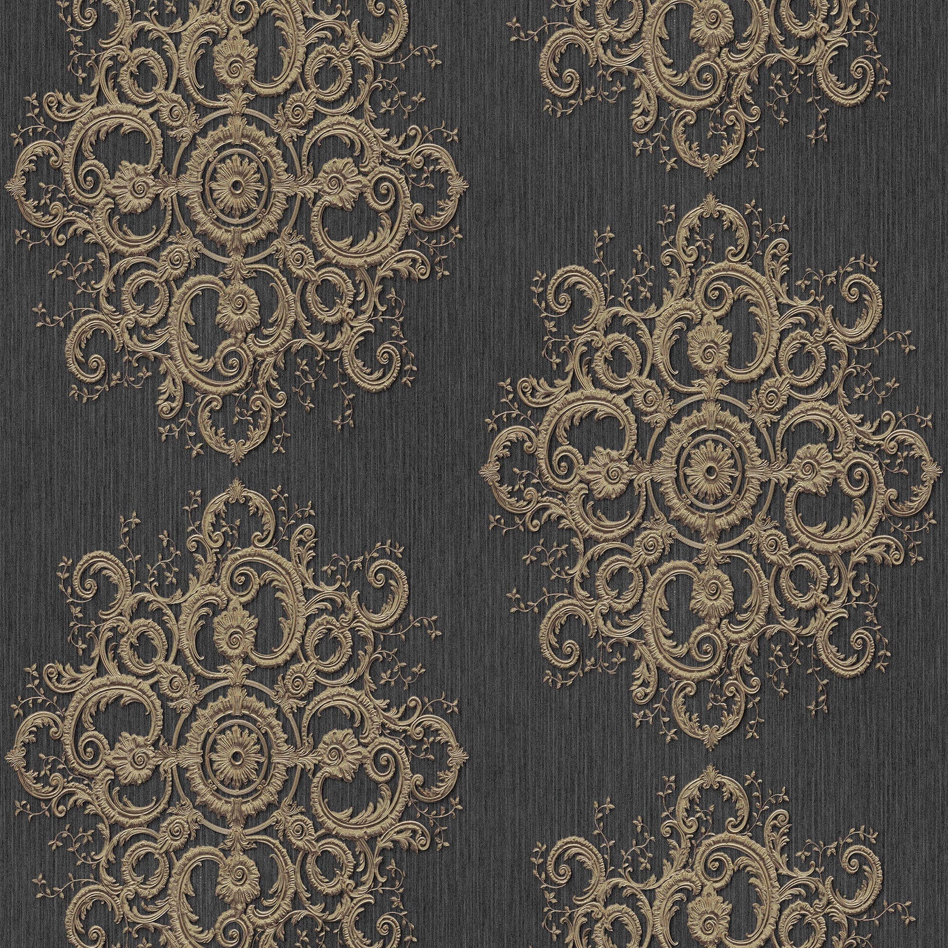 sample baroque damask wallpaper in dark grey gold from the elle decoration collection by galerie wallcoverings 1