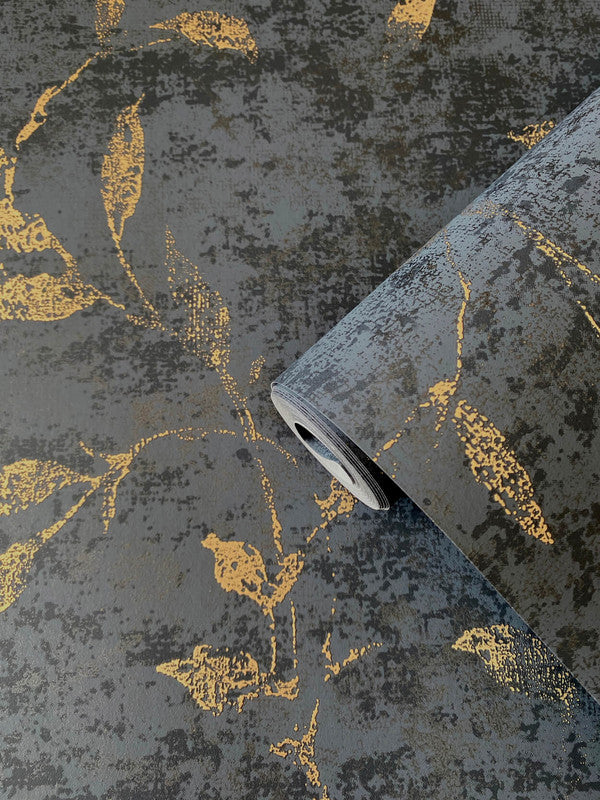 Leaf Impression Wallpaper in Blue/Bronze