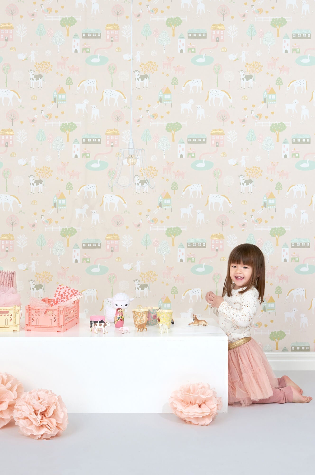 My Farm Soft Pink Wallpaper by Majvillan