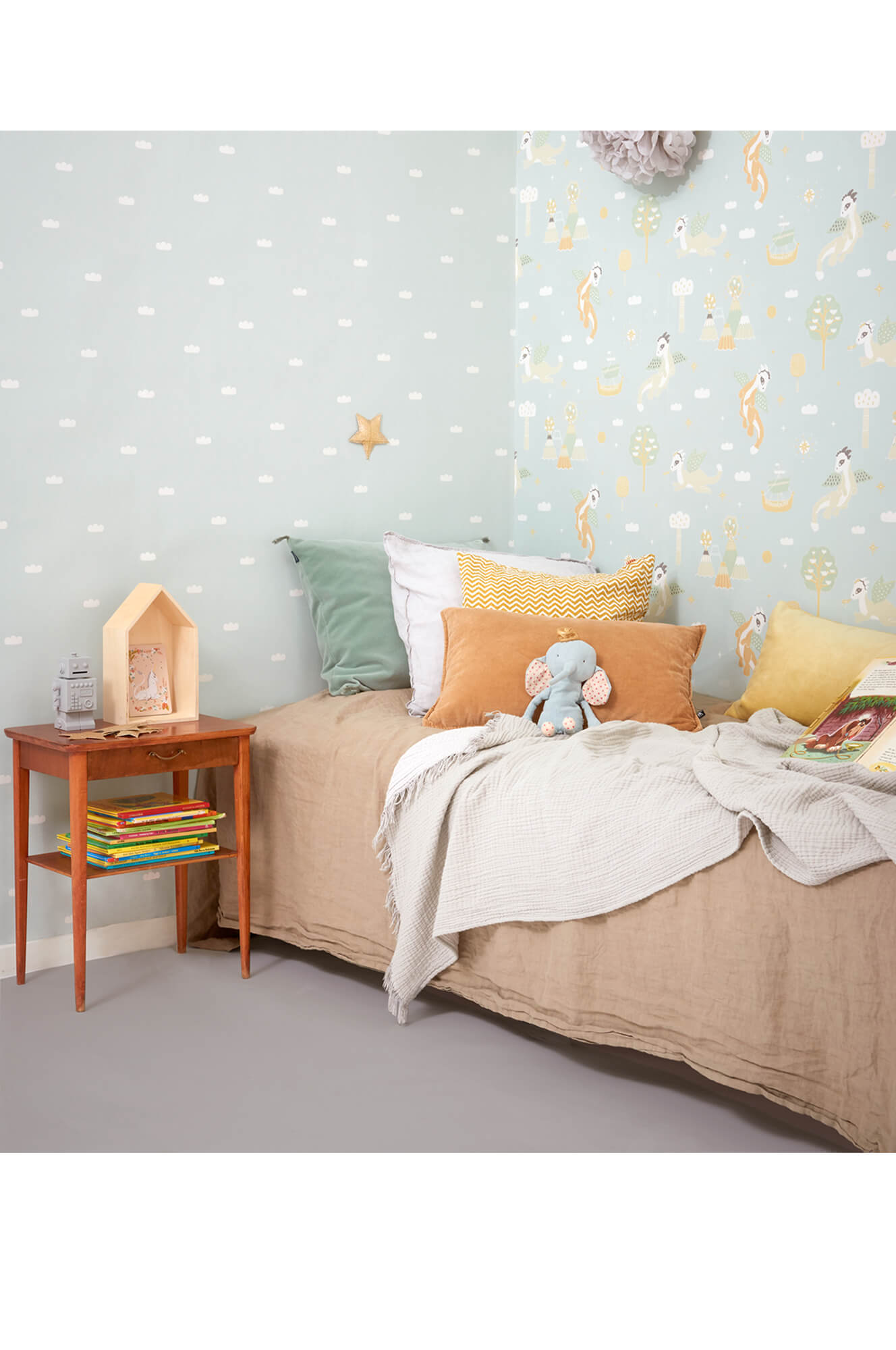 Dreamy Clouds Dusty Blue Wallpaper by Majvillan