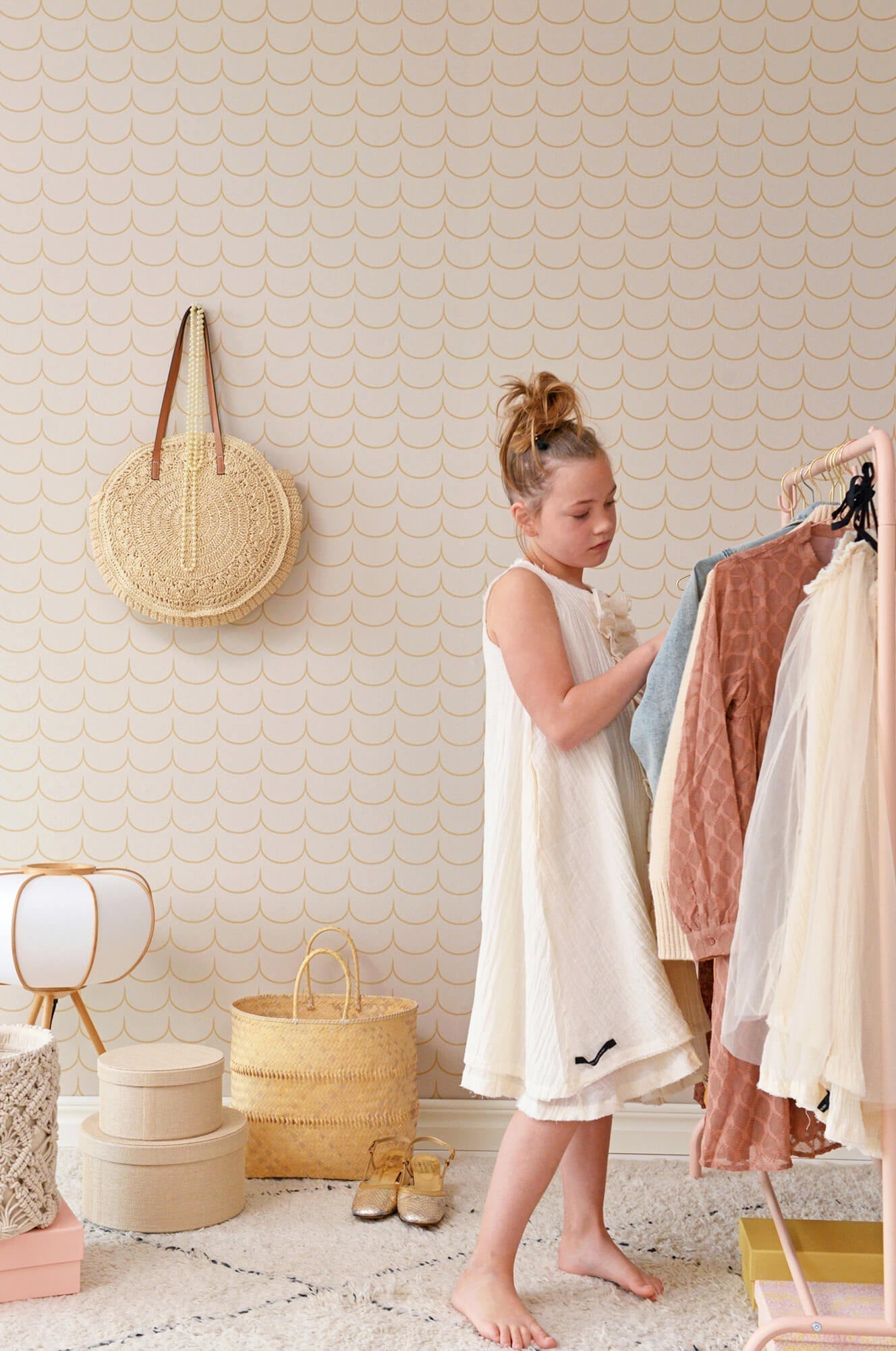 Drop Curtain Greige Wallpaper by Majvillan