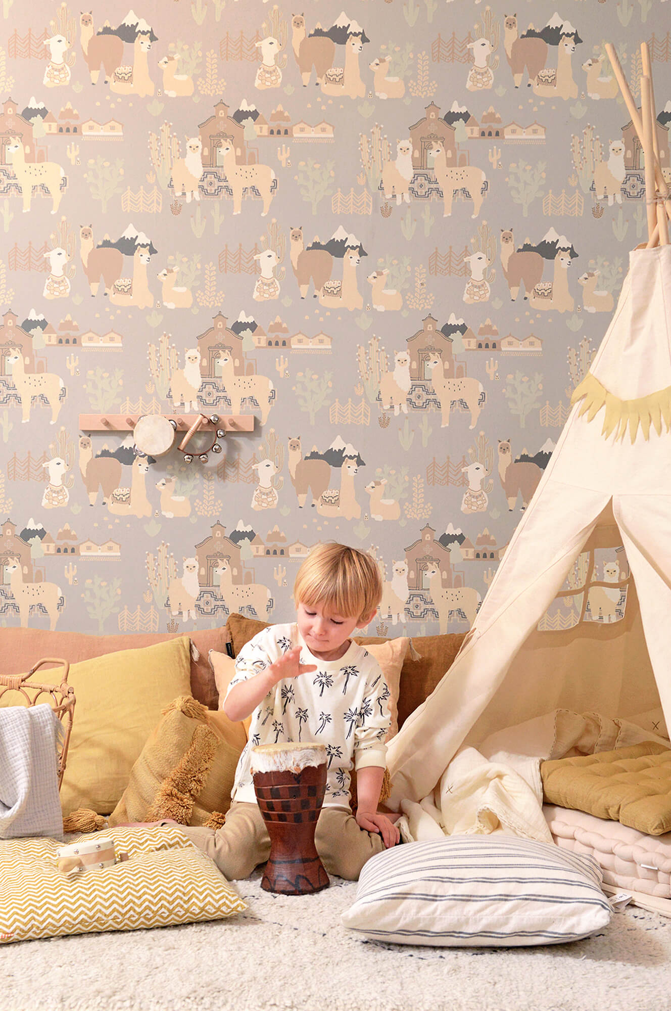 Lama Village Soft Grey Wallpaper by Majvillan
