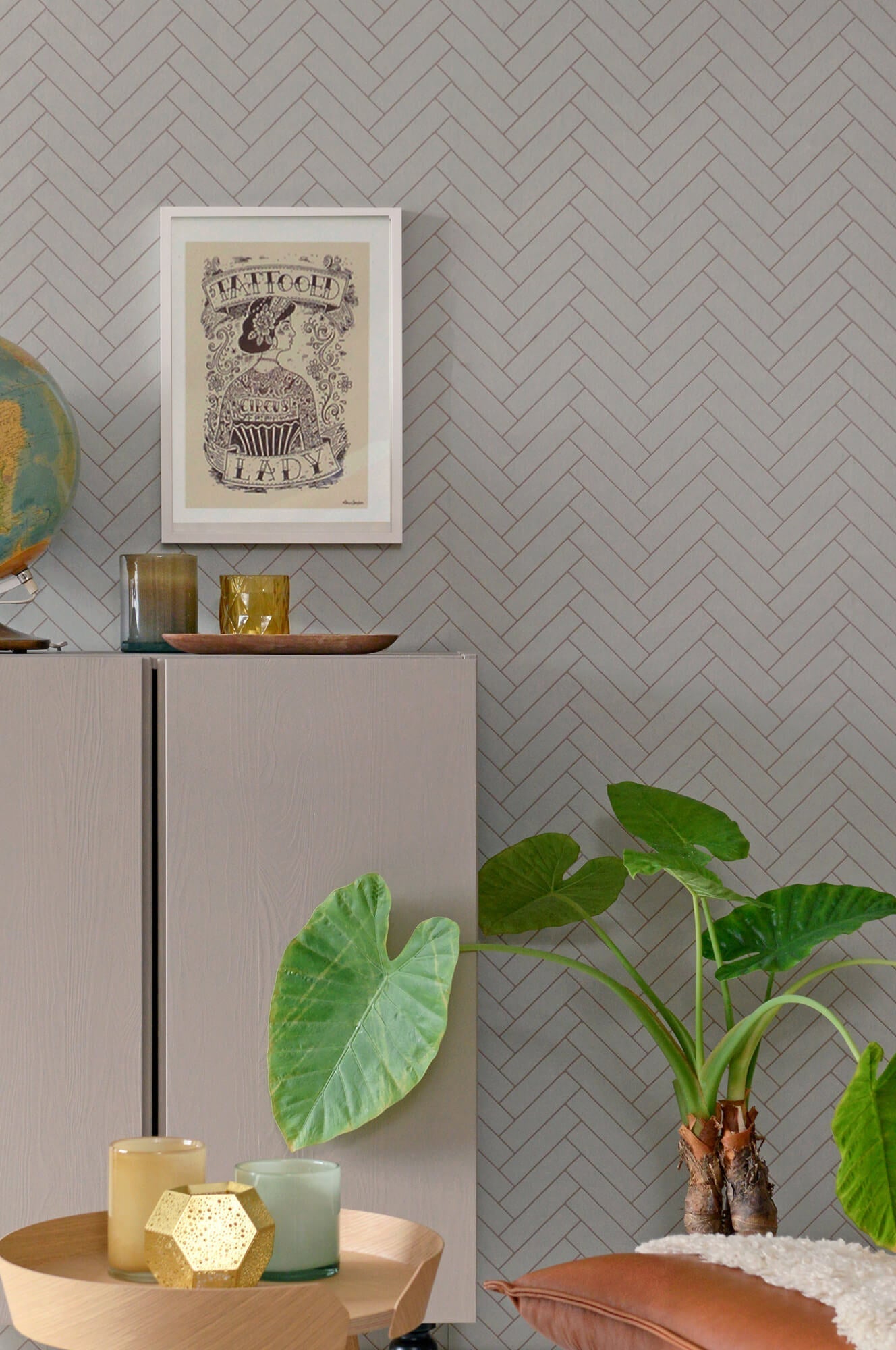 Herringbone Greige Blue Wallpaper by Majvillan