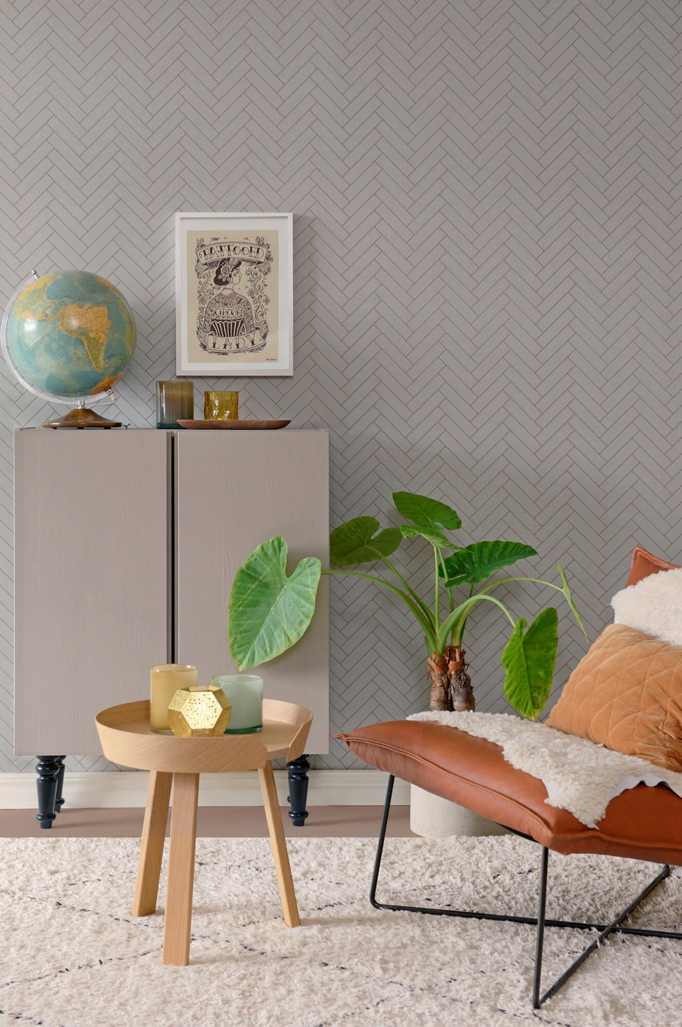 Herringbone Greige Blue Wallpaper by Majvillan