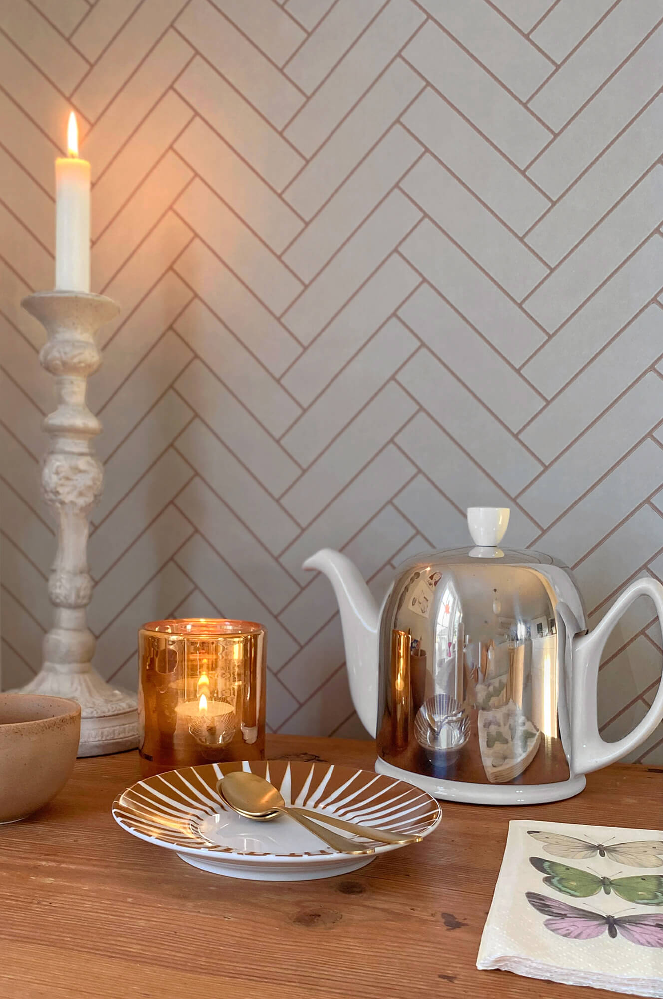 Herringbone Greige Blue Wallpaper by Majvillan