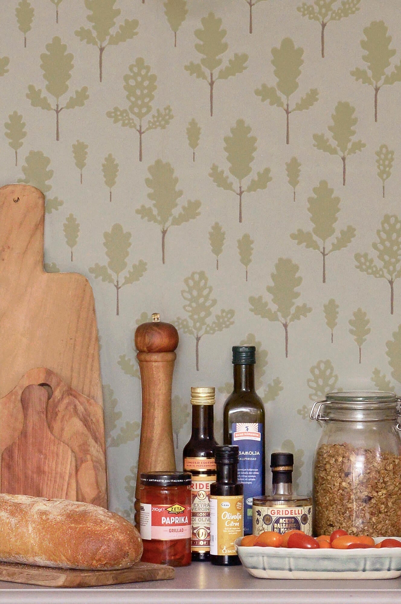 Oak Greige Blue Wallpaper by Majvillan